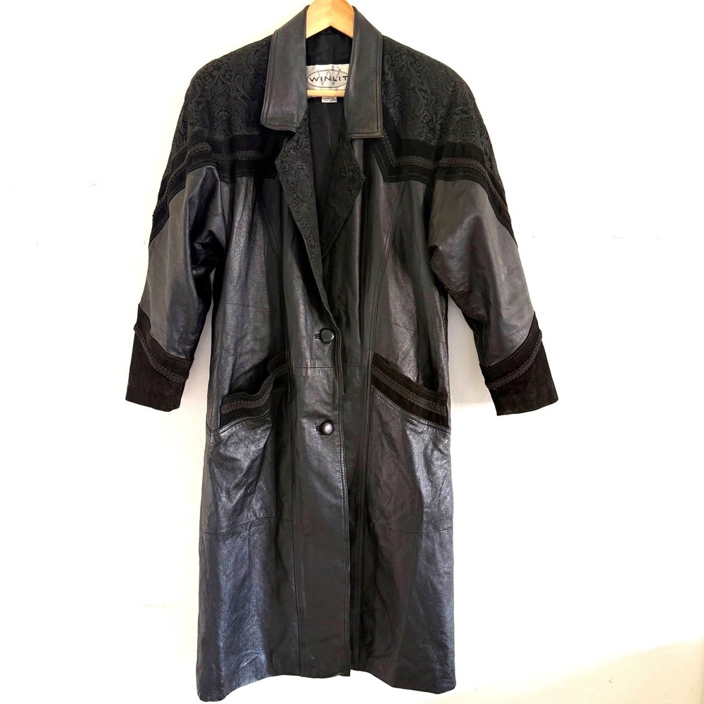 Winlit Special Editions Black‎ Leather Paisley Suede Trim Trench Coat Petite S
